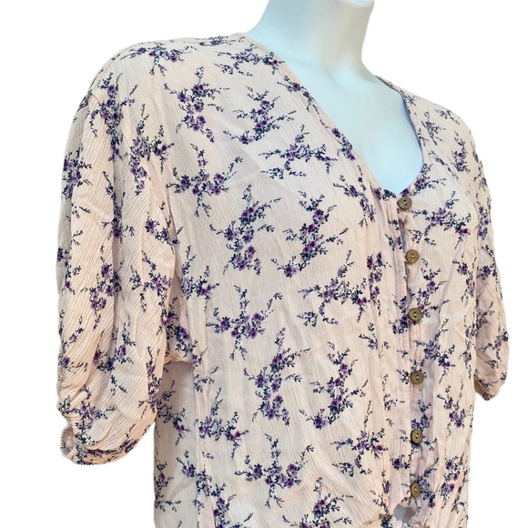 Pink Purple Soft Rayon Floral Print Short sleeve button down top ties waist XL - Picture 2 of 8